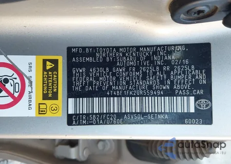 2016 Toyota Camry Le from USA, damaged, VIN 4T4BF1FK2GR559494